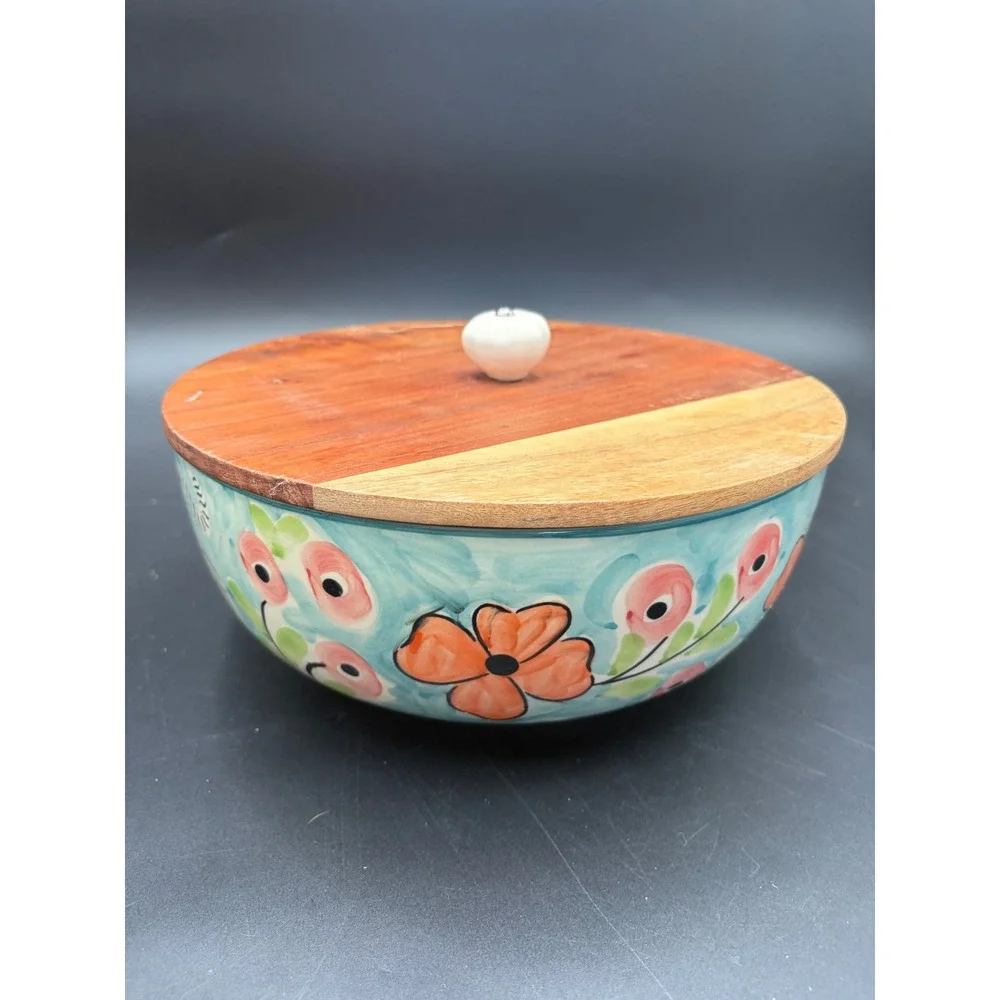 Hand Painted Ceramic Tiger & Floral Serving Bowl with Wooden Lid 10